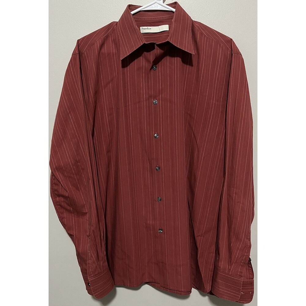 Perry Ellis brand Men’s red button-up dress shirt vertical stripes Size L